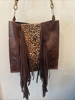 Brown Leather Shoulder Bag with Leopard Accent and Fringe